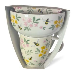 Floral Bee Mug & Bowl Gift Set Ceramic Pink Yellow Microwave Dishwasher NEW NIB